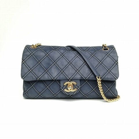 CHANEL 藍色科技布19開金扣翻蓋菱格紋單肩包肩背包