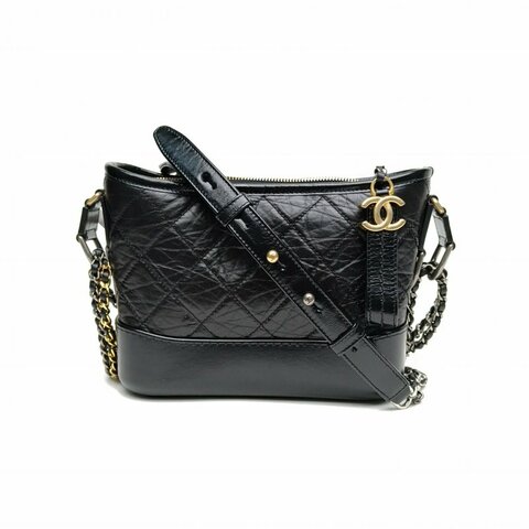 CHANEL GABRIELLE流浪小號黑色牛皮29開金銀扣寬LOGO肩背包