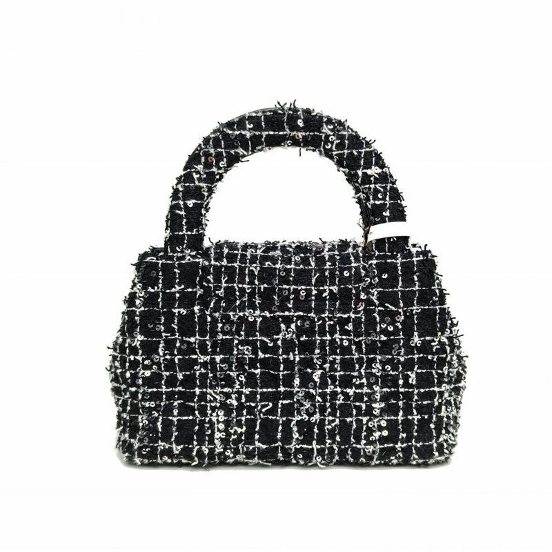 CHANEL 24AKelly鏈條黑白晶片開金扣毛呢亮片24P肩背包-2