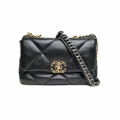 CHANEL 19BAG口蓋包小號黑色羊皮晶片金銀扣肩背包