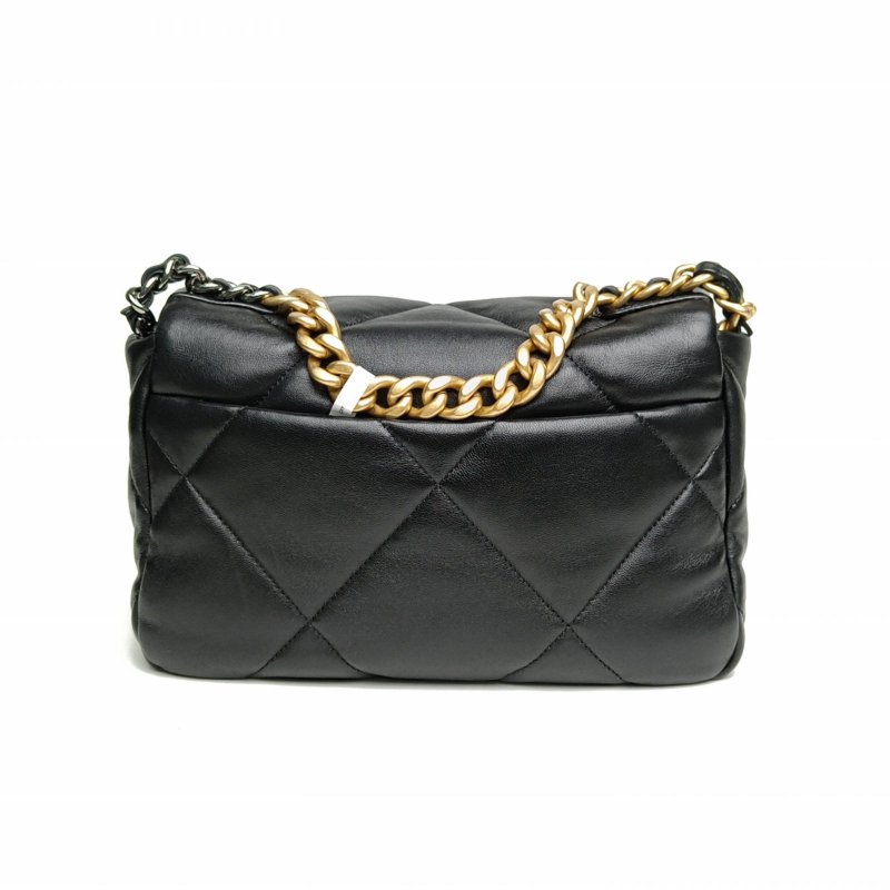 CHANEL 19BAG口蓋包小號黑色羊皮晶片金銀扣肩背包-2