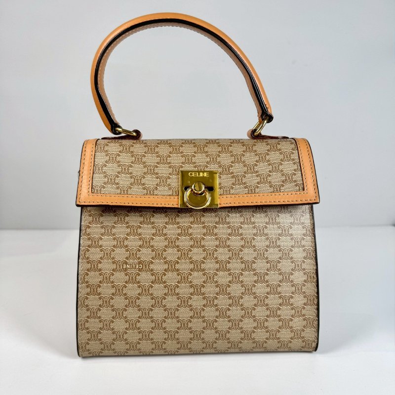 CELINE Macadam Kelly 米咖色 金扣 絕版 手提包 肩背包-0