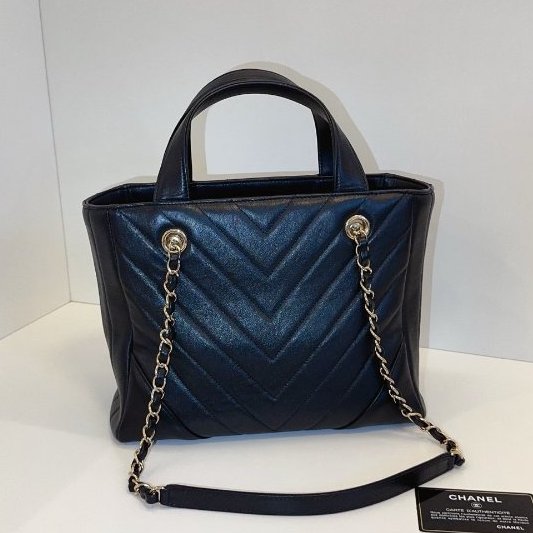 近新品 香奈兒/Chanel 黑色淡金V紋牛皮 2way 手提小托特-7