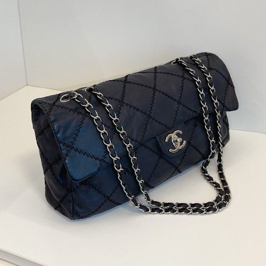 香奈兒/Chanel 黑銀外縫線 法棍機場CF 鏈條包-2