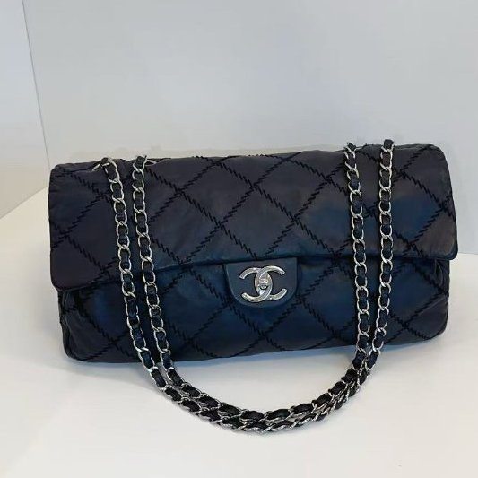 香奈兒/Chanel 黑銀外縫線 法棍機場CF 鏈條包-5