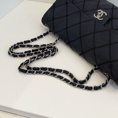 香奈兒/Chanel 黑銀外縫線 法棍機場CF 鏈條包-9