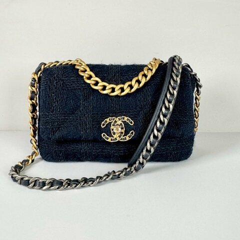 CHANEL 19系列 藍色 毛呢 保卡款 手提 斜挎 小號 口蓋包 AS1160