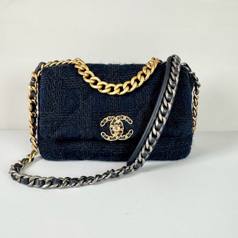 CHANEL 19系列 藍色 毛呢 保卡款 手提 斜挎 小號 口蓋包 AS1160-0
