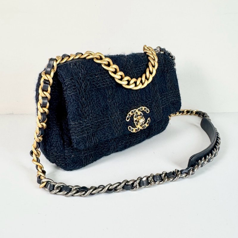 CHANEL 19系列 藍色 毛呢 保卡款 手提 斜挎 小號 口蓋包 AS1160-3