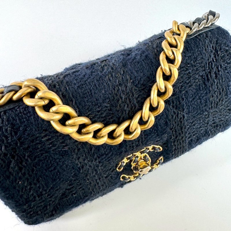 CHANEL 19系列 藍色 毛呢 保卡款 手提 斜挎 小號 口蓋包 AS1160-6