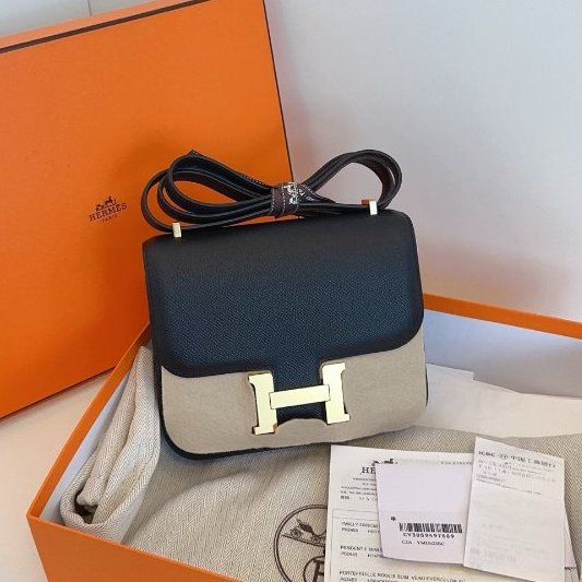 近新品 Hermes愛馬仕 迷你康康19黑金 E皮 肩背包-5