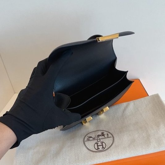 近新品 Hermes愛馬仕 迷你康康19黑金 E皮 肩背包-8