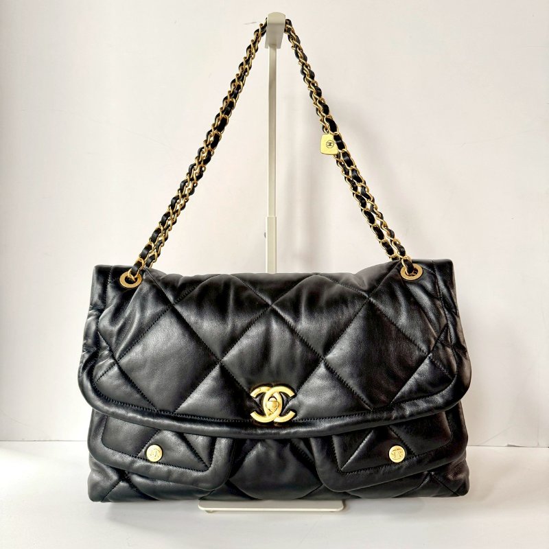 CHANEL 黑色金扣 小羊皮 菱格紋 大型 HOBO 肩背包 AS5727-0