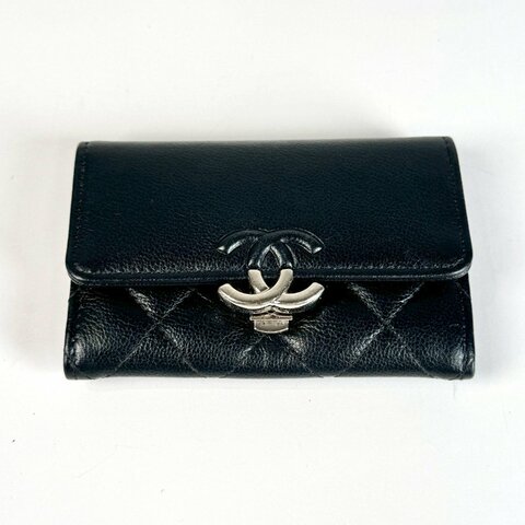 CHANEL 黑色 荔枝 牛皮 古巴系列 按壓式 銀釦 重工雙 C卡片夾 名片夾 零錢包