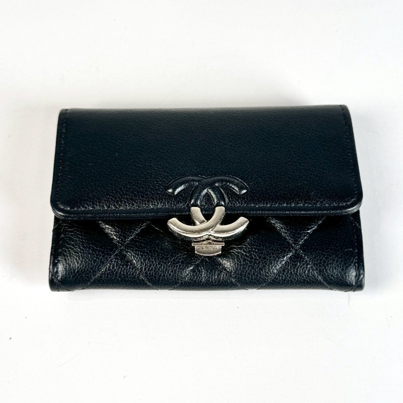 CHANEL 黑色 荔枝 牛皮 古巴系列 按壓式 銀釦 重工雙 C卡片夾 名片夾 零錢包-0