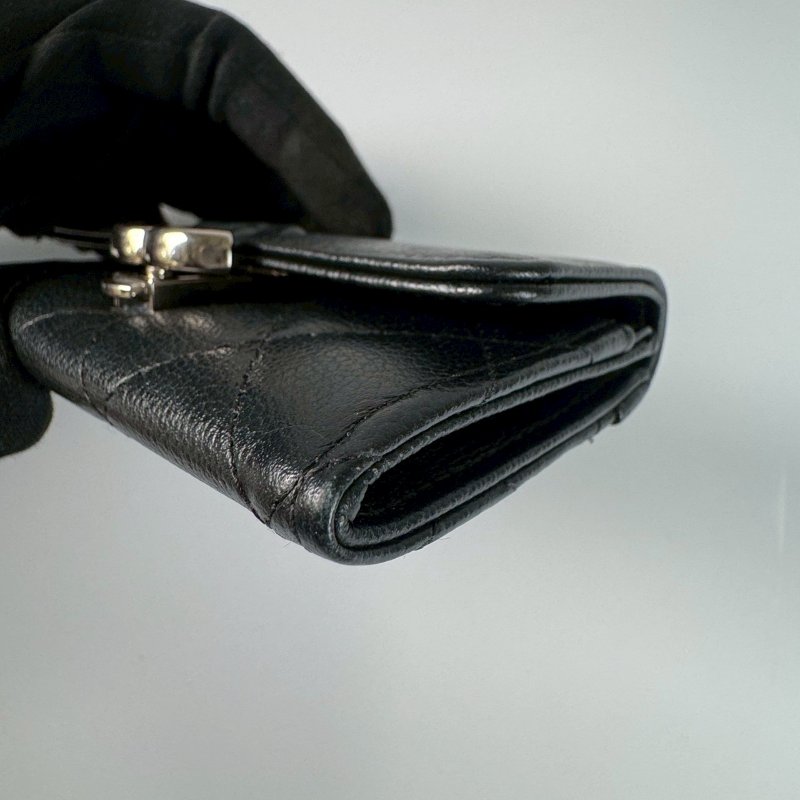 CHANEL 黑色 荔枝 牛皮 古巴系列 按壓式 銀釦 重工雙 C卡片夾 名片夾 零錢包-7