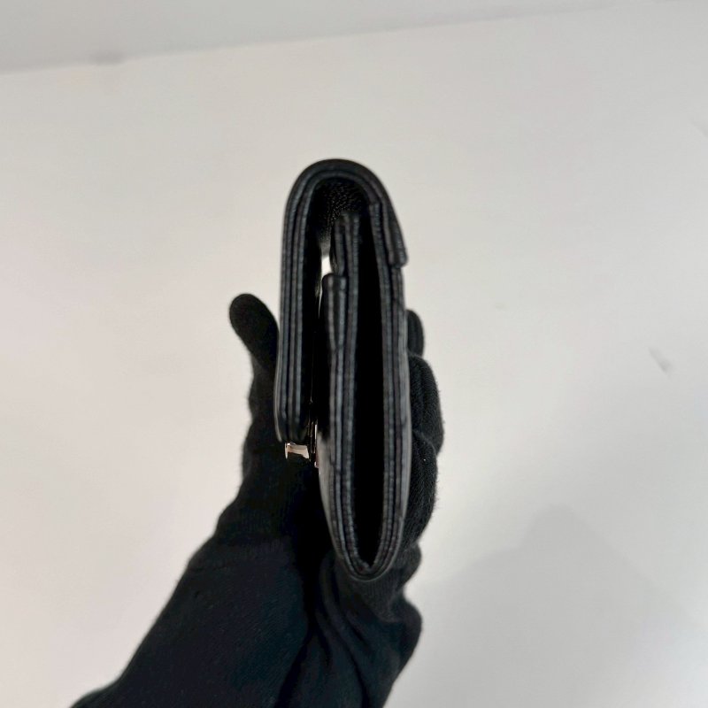 CHANEL 黑色 荔枝 牛皮 古巴系列 按壓式 銀釦 重工雙 C卡片夾 名片夾 零錢包-8