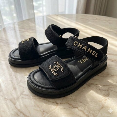 CHANEL 黑色 編織 金色LOGO 馬毛 魔鬼氈 涼鞋 35號 G46018