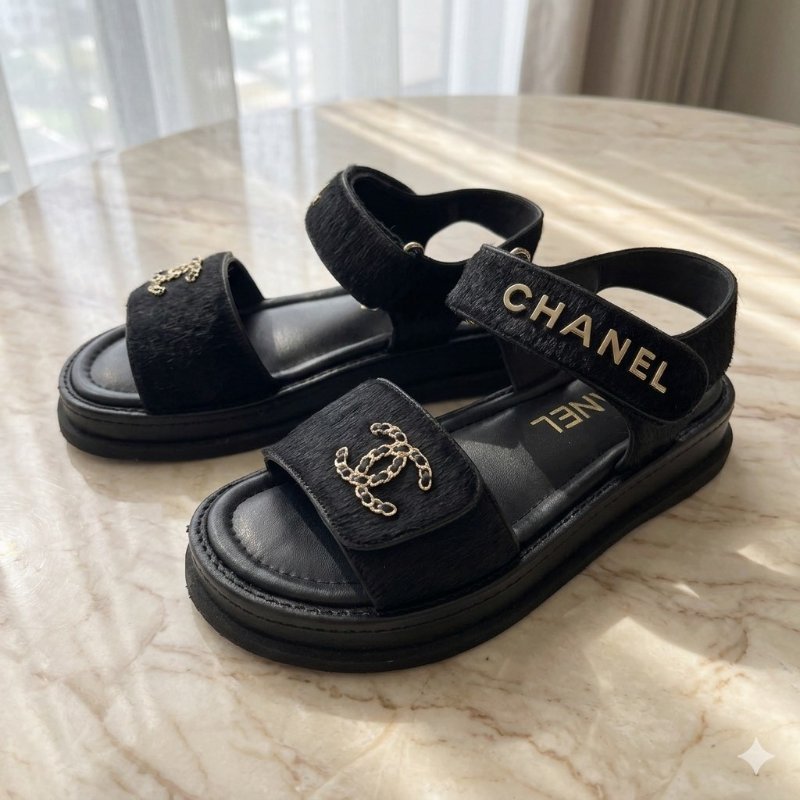 CHANEL 黑色 編織 金色LOGO 馬毛 魔鬼氈 涼鞋 35號 G46018-0