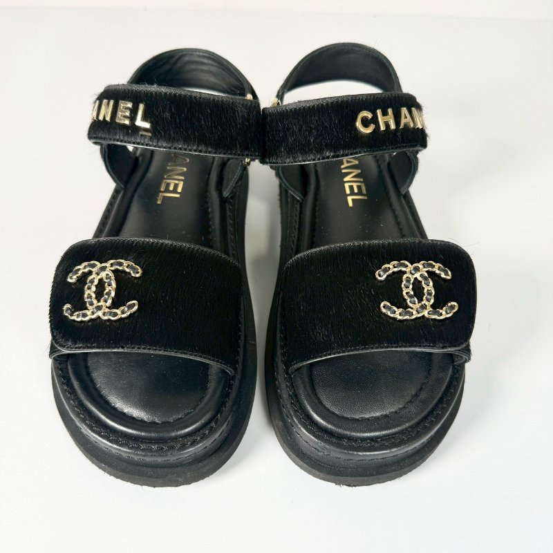 CHANEL 黑色 編織 金色LOGO 馬毛 魔鬼氈 涼鞋 35號 G46018-1