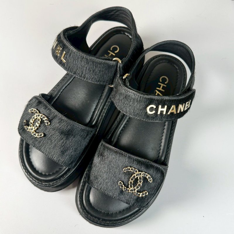 CHANEL 黑色 編織 金色LOGO 馬毛 魔鬼氈 涼鞋 35號 G46018-2