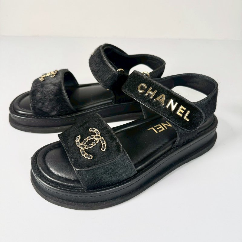 CHANEL 黑色 編織 金色LOGO 馬毛 魔鬼氈 涼鞋 35號 G46018-3