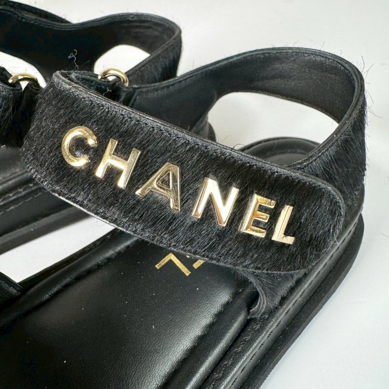 CHANEL 黑色 編織 金色LOGO 馬毛 魔鬼氈 涼鞋 35號 G46018-4