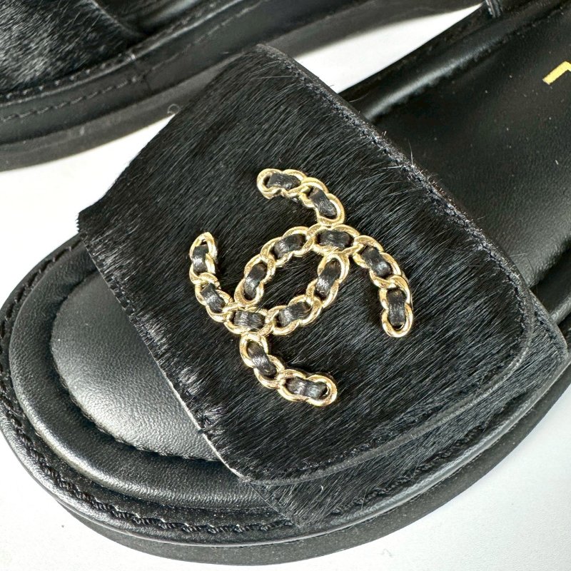 CHANEL 黑色 編織 金色LOGO 馬毛 魔鬼氈 涼鞋 35號 G46018-5