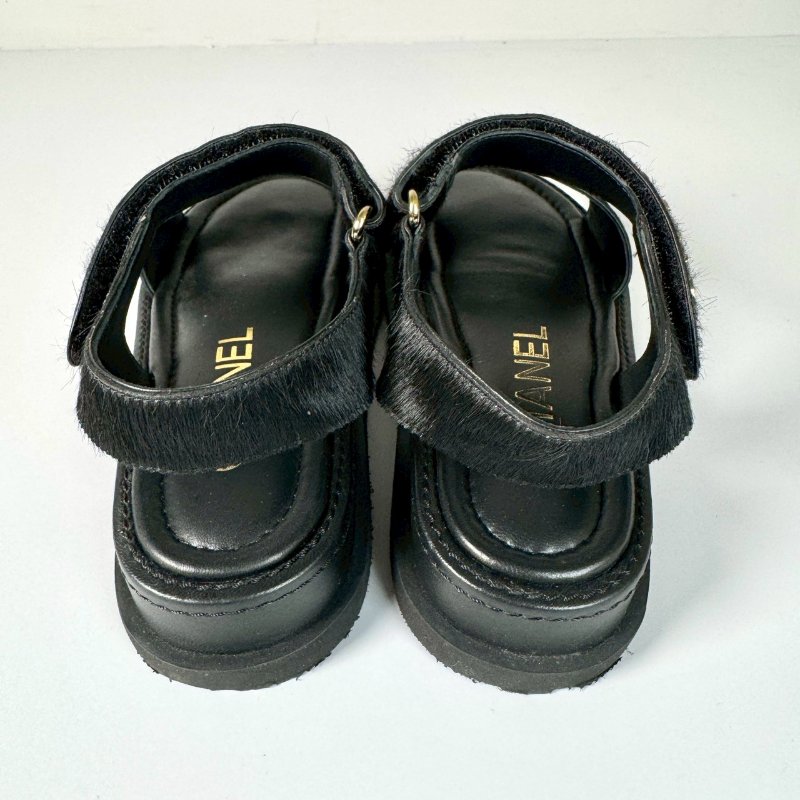 CHANEL 黑色 編織 金色LOGO 馬毛 魔鬼氈 涼鞋 35號 G46018-6