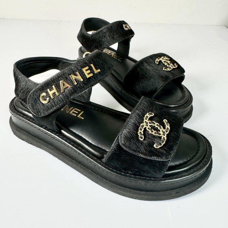 CHANEL 黑色 編織 金色LOGO 馬毛 魔鬼氈 涼鞋 35號 G46018-7