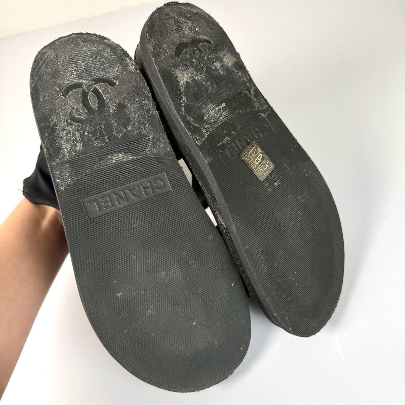 CHANEL 黑色 編織 金色LOGO 馬毛 魔鬼氈 涼鞋 35號 G46018-8