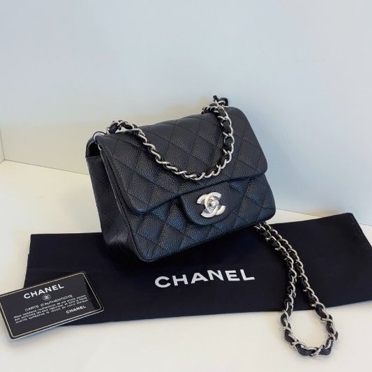 閒置新 香奈兒/Chanel 黑銀荔枝皮 魚子醬CF方胖子鏈條包-2