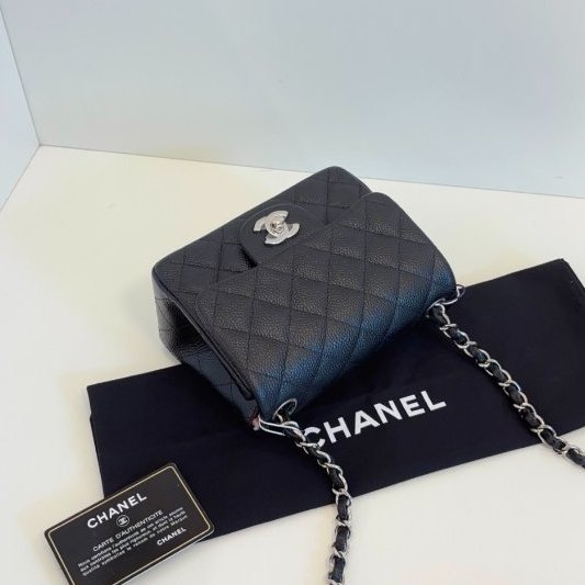 閒置新 香奈兒/Chanel 黑銀荔枝皮 魚子醬CF方胖子鏈條包-3