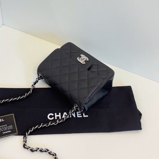 閒置新 香奈兒/Chanel 黑銀荔枝皮 魚子醬CF方胖子鏈條包-4