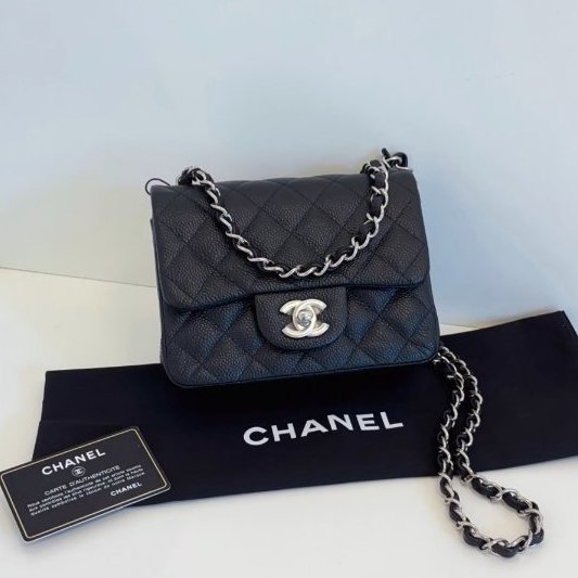 閒置新 香奈兒/Chanel 黑銀荔枝皮 魚子醬CF方胖子鏈條包-6