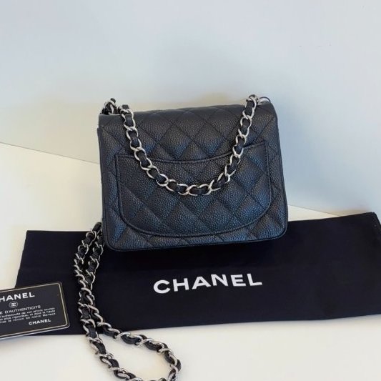 閒置新 香奈兒/Chanel 黑銀荔枝皮 魚子醬CF方胖子鏈條包-7