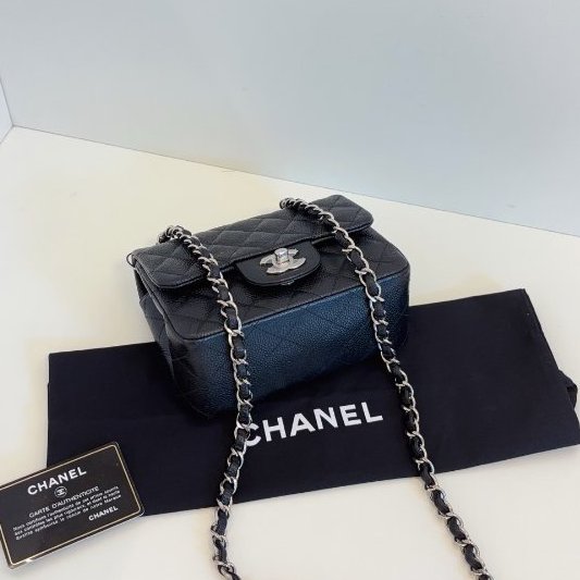 閒置新 香奈兒/Chanel 黑銀荔枝皮 魚子醬CF方胖子鏈條包-8