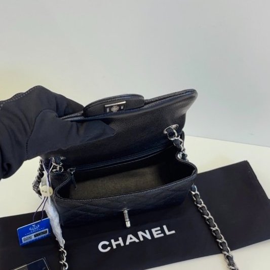 閒置新 香奈兒/Chanel 黑銀荔枝皮 魚子醬CF方胖子鏈條包-9