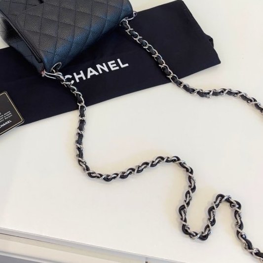 閒置新 香奈兒/Chanel 黑銀荔枝皮 魚子醬CF方胖子鏈條包-10