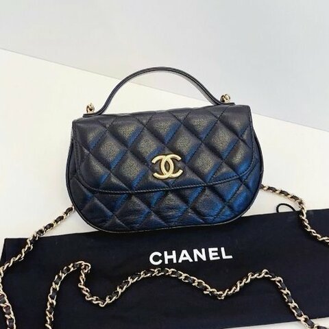 芯片款 香奈兒/Chanel 黑金半月馬鞍包 牛皮菱格 手提鏈條斜背包