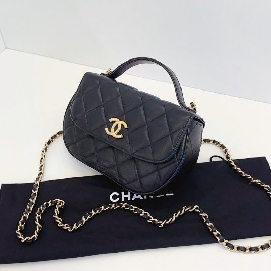 芯片款 香奈兒/Chanel 黑金半月馬鞍包 牛皮菱格 手提鏈條斜背包-3