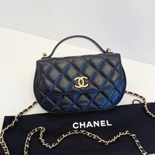 芯片款 香奈兒/Chanel 黑金半月馬鞍包 牛皮菱格 手提鏈條斜背包-5