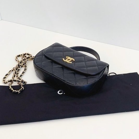 芯片款 香奈兒/Chanel 黑金半月馬鞍包 牛皮菱格 手提鏈條斜背包-7