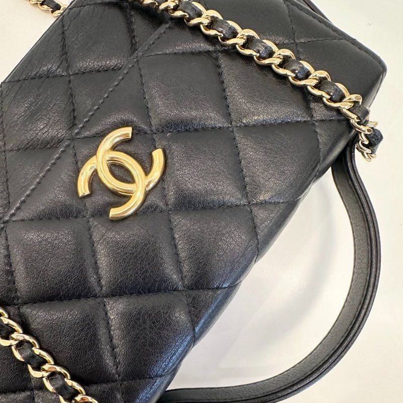 芯片款 香奈兒/Chanel 黑金半月馬鞍包 牛皮菱格 手提鏈條斜背包-10