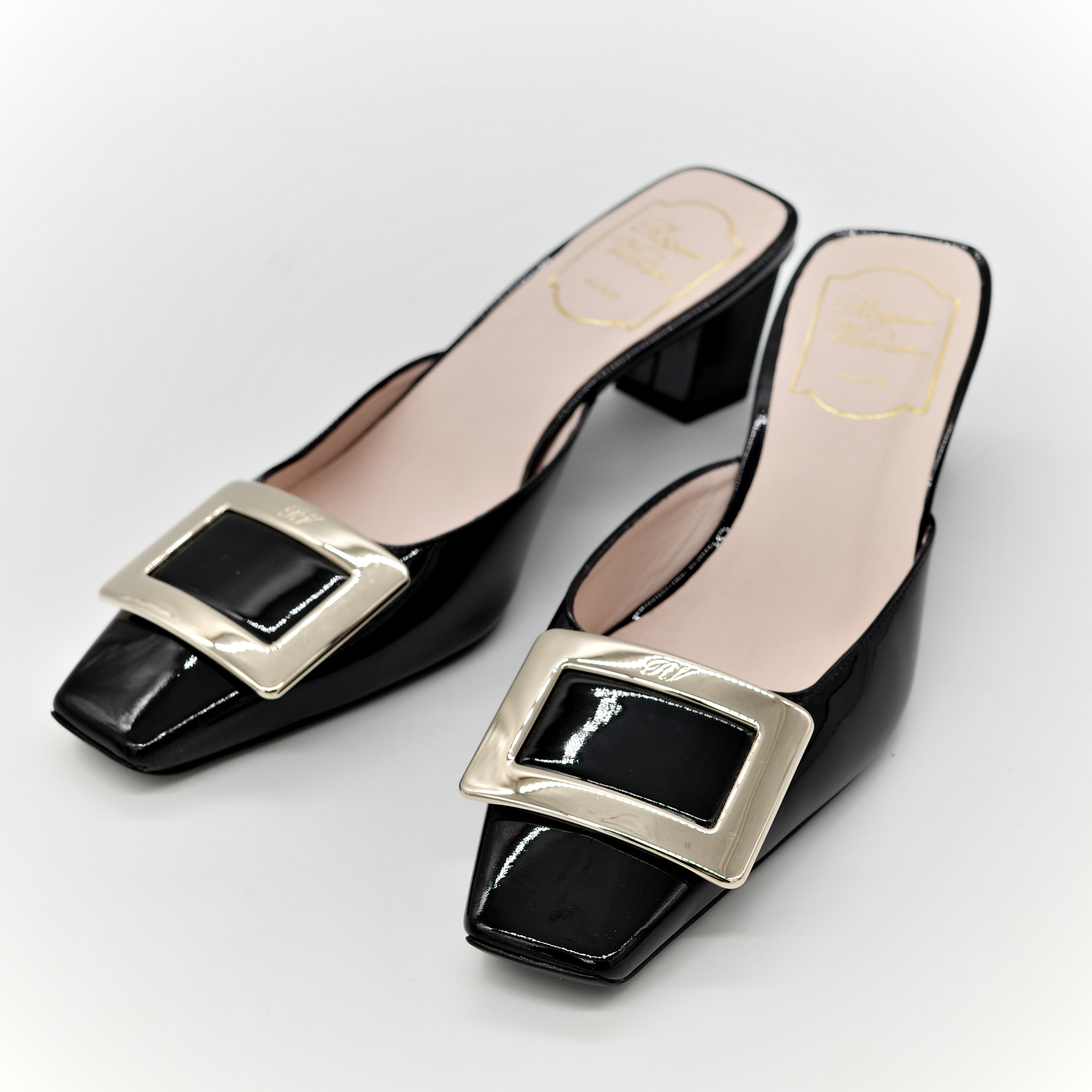 Roger Vivier Belle Vivier 黑色 漆皮 方釦穆勒鞋 坡跟 包鞋-1