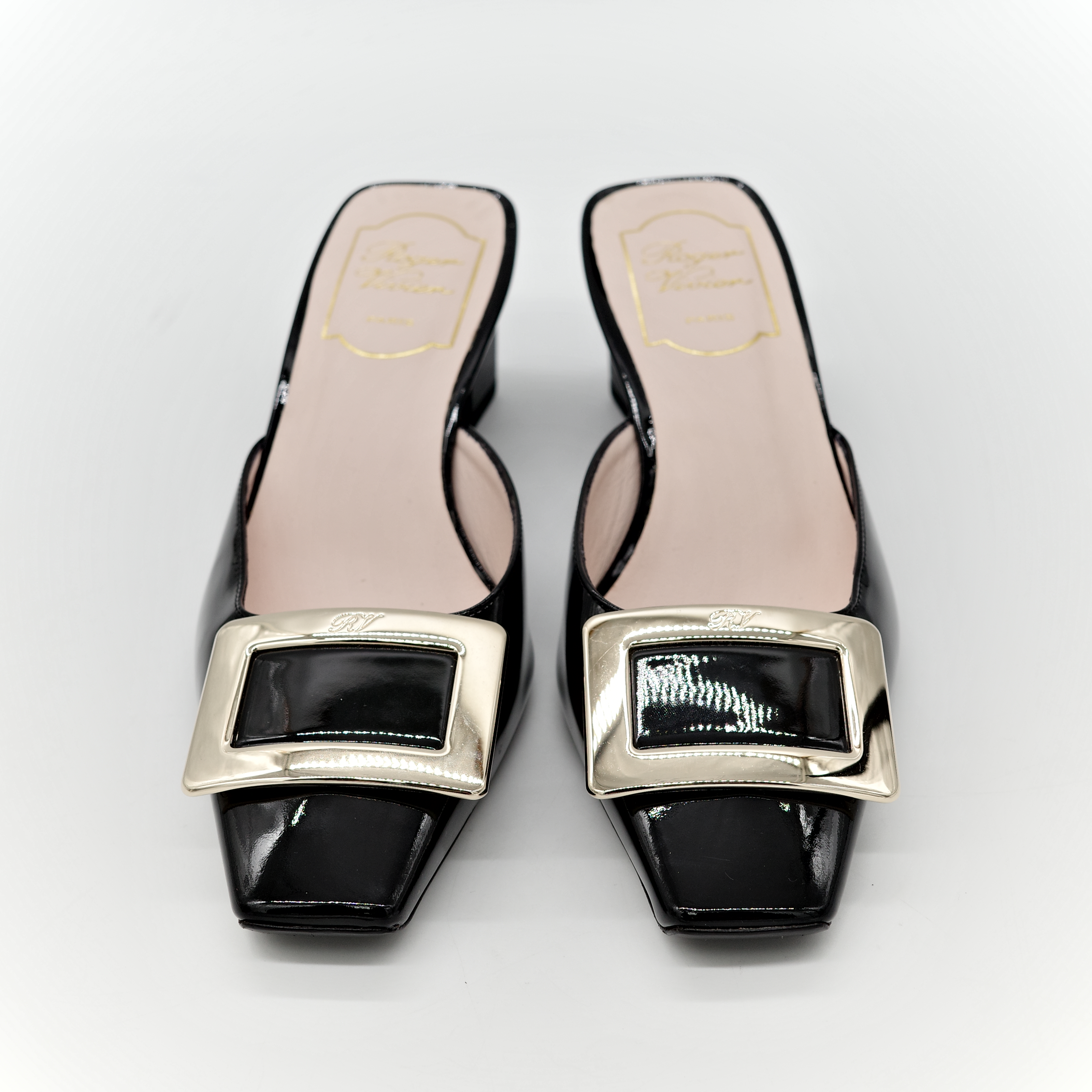 Roger Vivier Belle Vivier 黑色 漆皮 方釦穆勒鞋 坡跟 包鞋-2