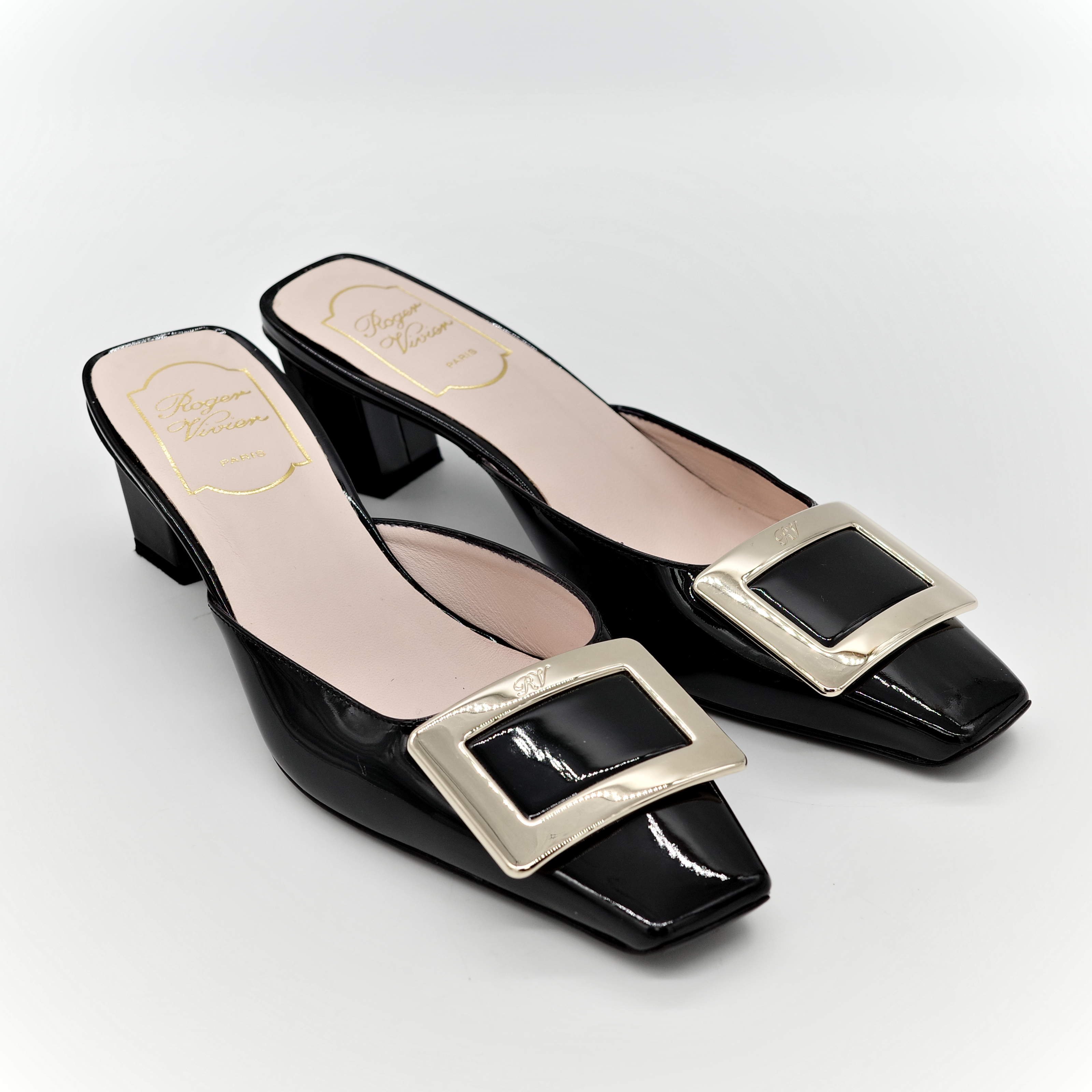 Roger Vivier Belle Vivier 黑色 漆皮 方釦穆勒鞋 坡跟 包鞋-3