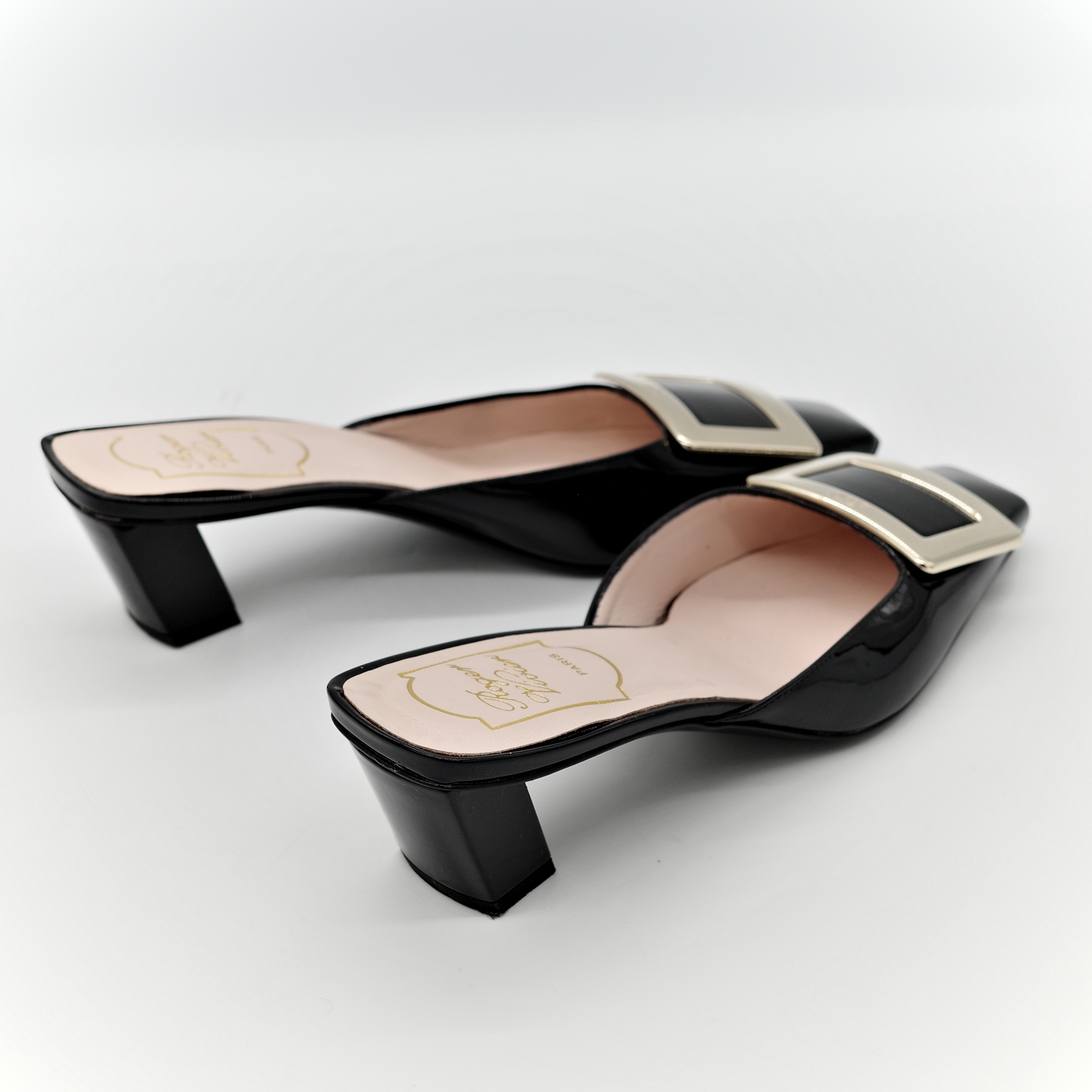 Roger Vivier Belle Vivier 黑色 漆皮 方釦穆勒鞋 坡跟 包鞋-4