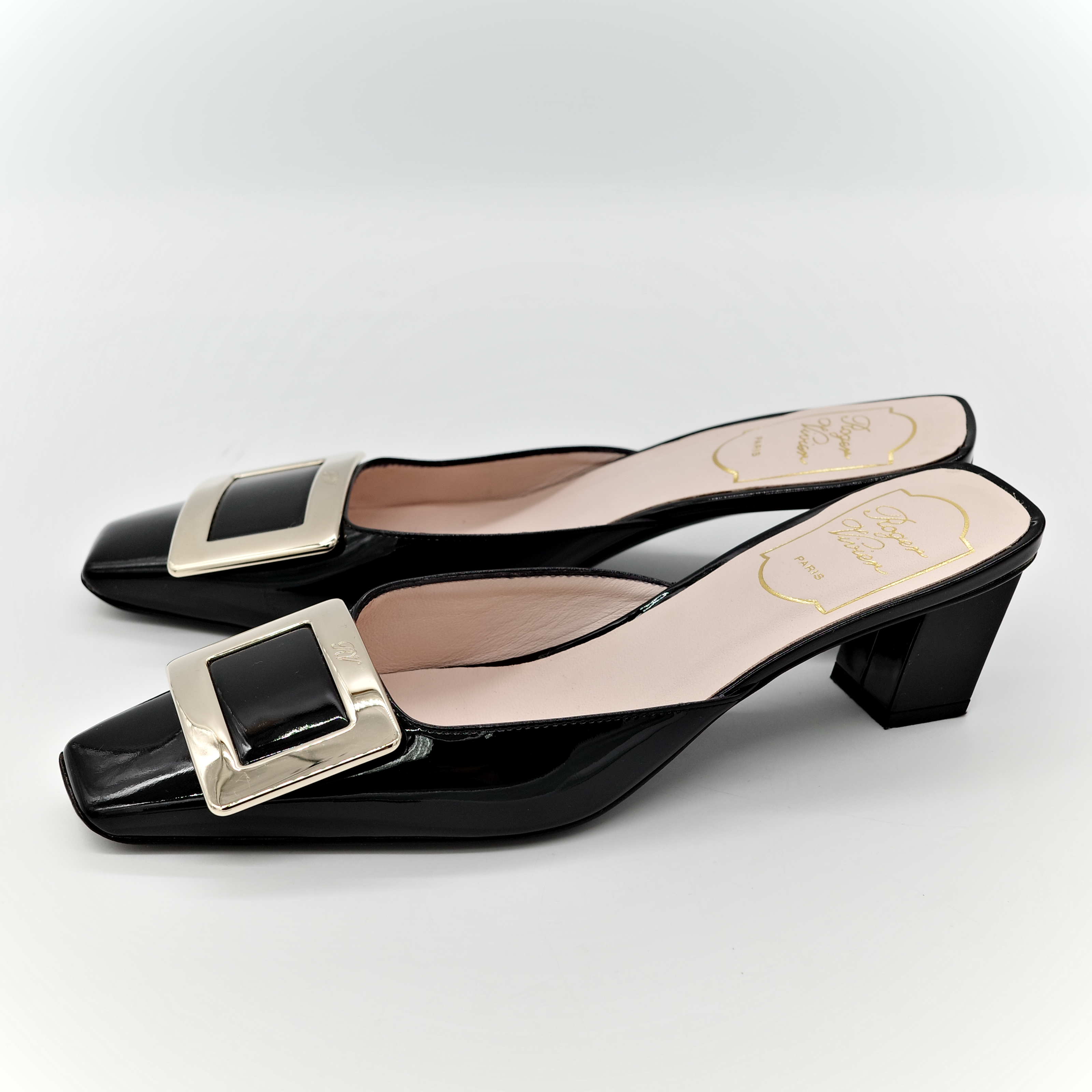 Roger Vivier Belle Vivier 黑色 漆皮 方釦穆勒鞋 坡跟 包鞋-7