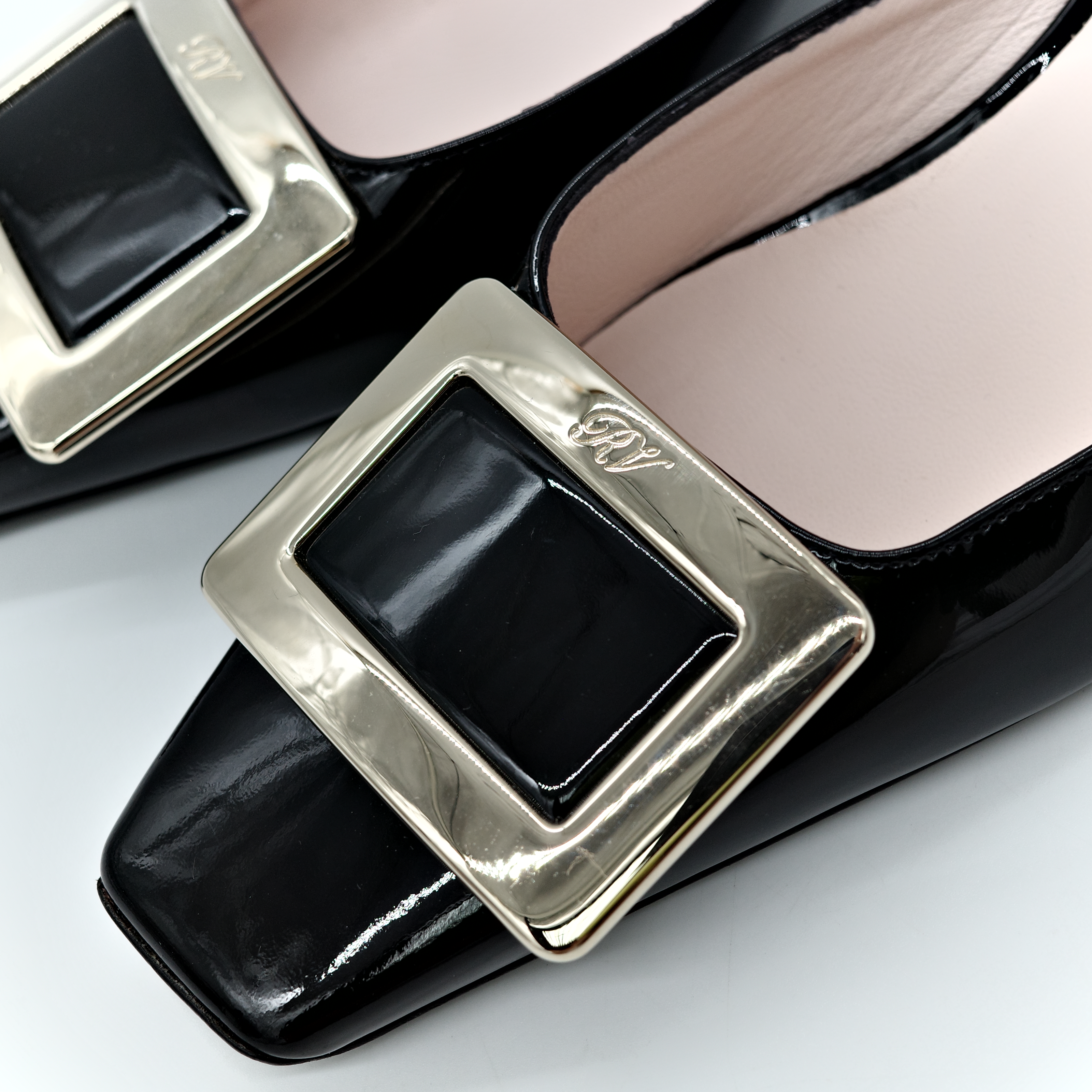 Roger Vivier Belle Vivier 黑色 漆皮 方釦穆勒鞋 坡跟 包鞋-9